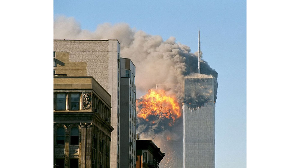 United Airlines Flight 175 hits the South Tower of the former World Trade Center in Lower Manhattan on September 11, 2001.