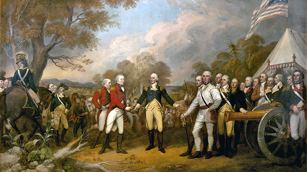 British general John Burgoyne surrenders at Saratoga in 1777.